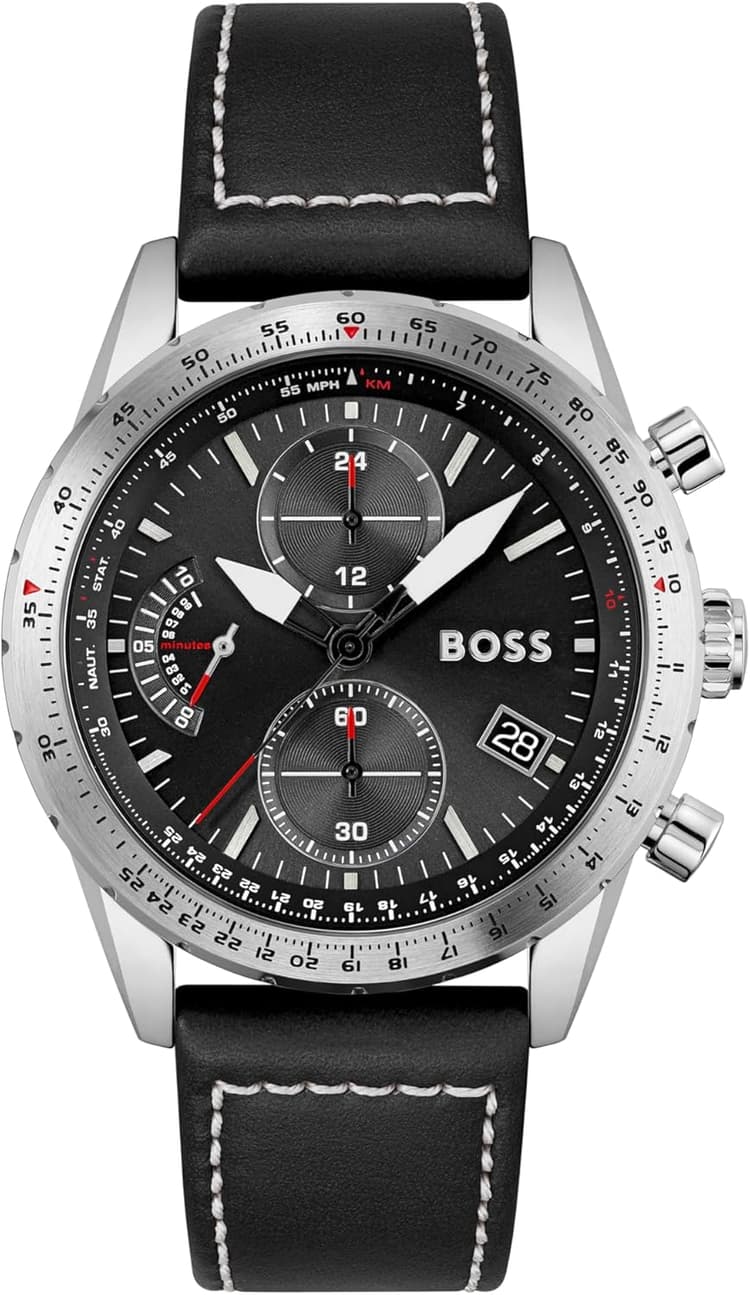 BOSS Montre Chronographe Quartz pour Homme de 44mm Édition Pilot Chrono avec Cadran Noir, Bracelet en Cuir Noir, Fonction Date, 3 sous-Cadrans, Résistance à l'eau 5ATM - 1513853
