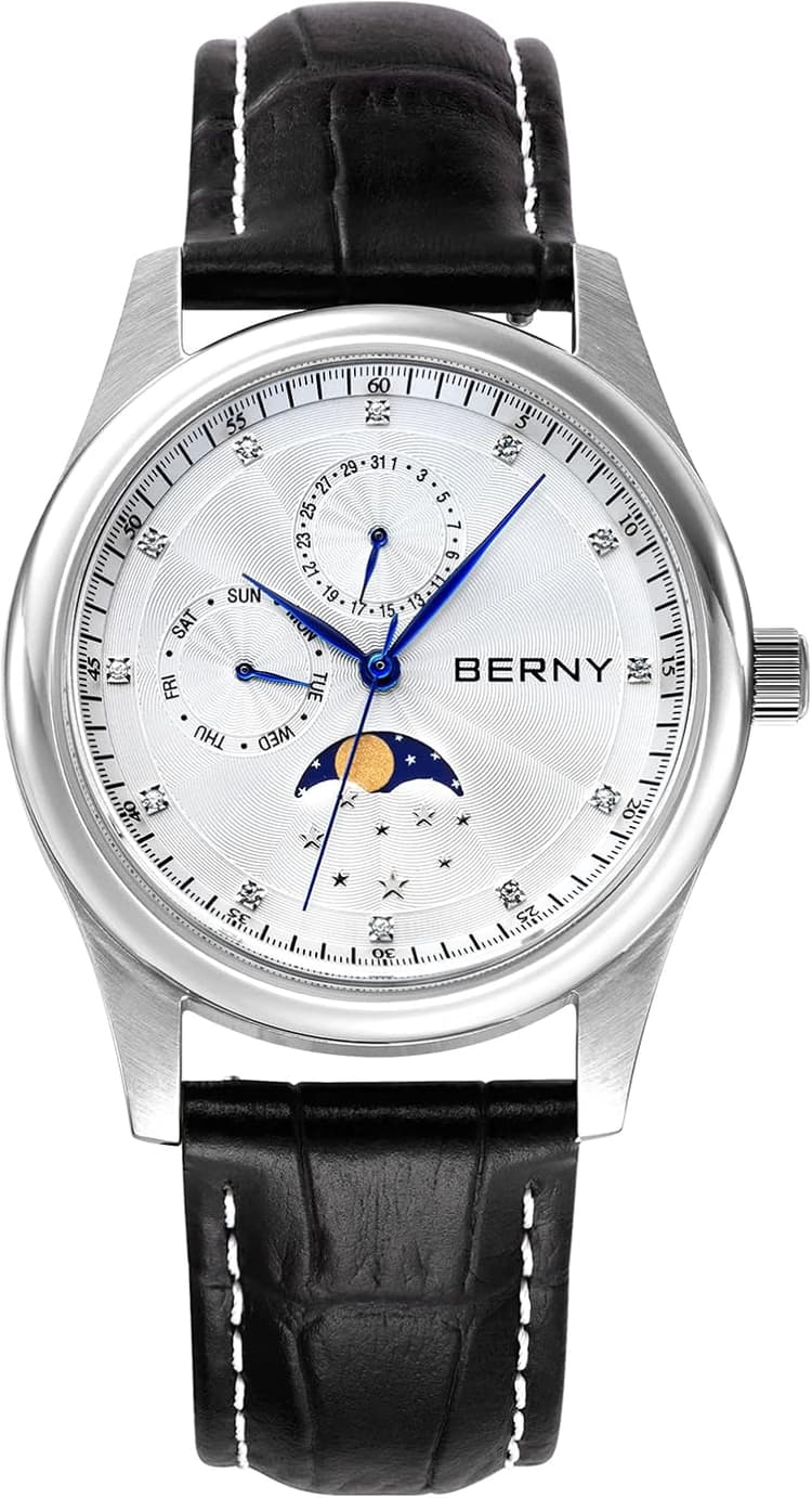 BERNY Montre Multifonction pour Hommes avec Calendrier et Phase de Lune - boîtier en Acier Inoxydable et Bracelet en Cuir