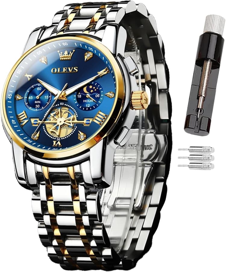 OLEVS Montre pour Homme avec Code horaire et Bracelet en Acier Inoxydable - Étanche - Multifonctionnelle - À Quartz - Montre Ronde de Luxe pour Homme