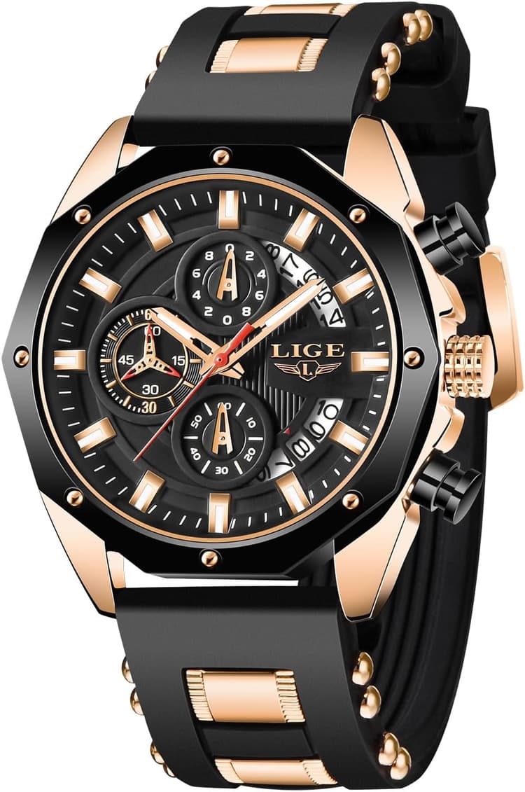 LIGE Montre Homme 3ATM Etanche Vintage Montres pour Hommes Chronographe À Quartz Analogique Étanche Bracelet Silicone Lumineux Date Affaires Élégant Quotidien Waterproof Watches for Men