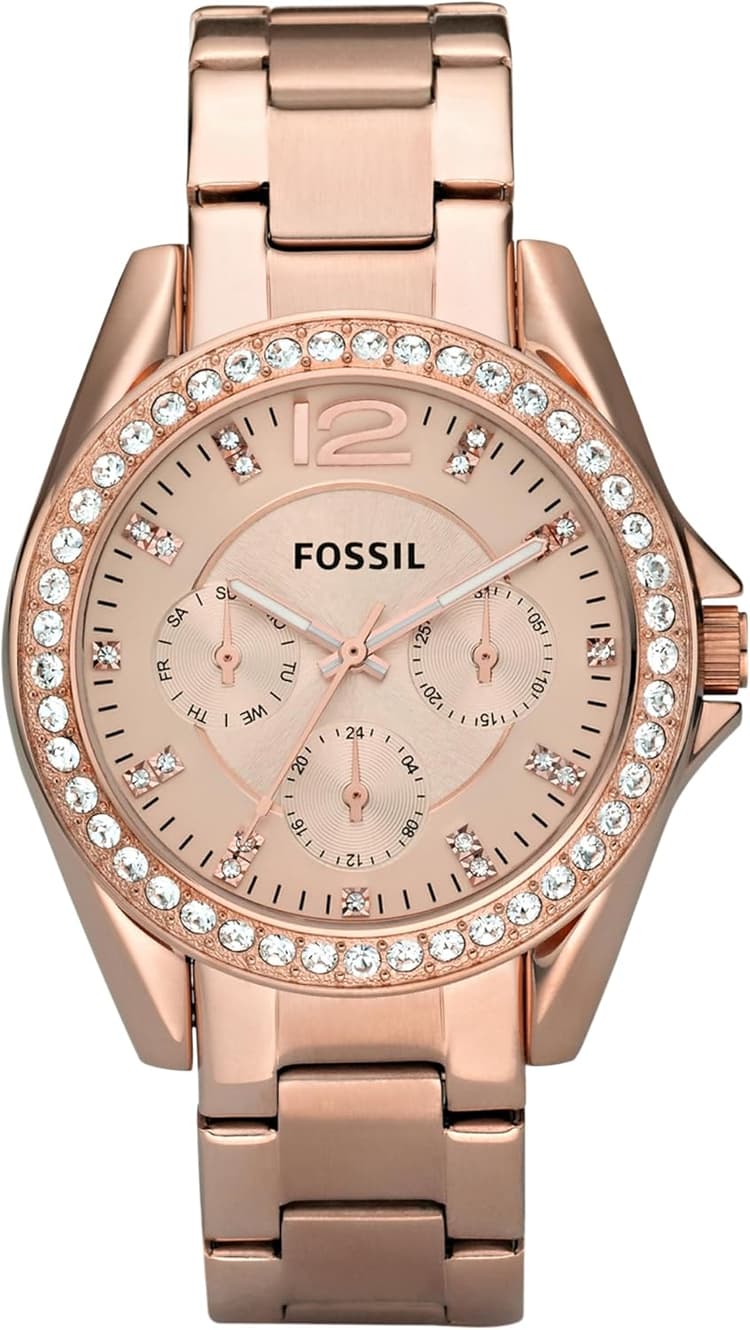 Fossil Montre pour Femmes Riley, Mouvement Quartz Multifonctions, boîtier en Acier Inoxydable Or Rose 38 mm avec Bracelet en Acier Inoxydable, ES2811