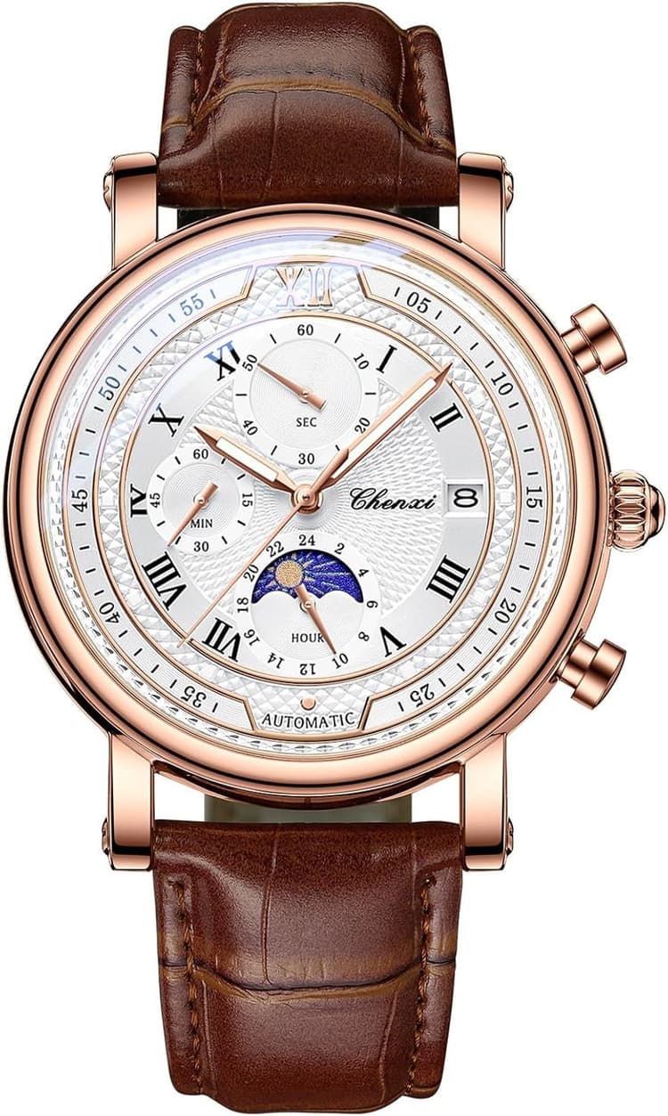 FORSINING Montre à quartz analogique pour homme avec bracelet en cuir Motif phase de lune Montre décontractée étanche Chronographe