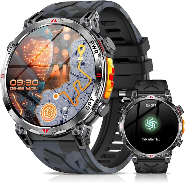 Montre Intelligente Militaire avec GPS/Boussole, Montre Intelligente avec Assistant Vocal GPT, écran AMOLED de 1,56 po pour Hommes, Compatible avec Android et iOS (Bluetooth) (Noir)