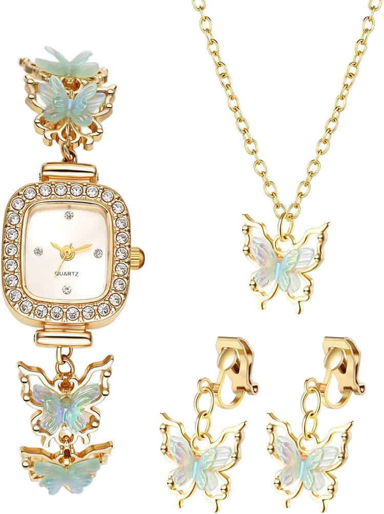 OIDEA Parure Montre Femme Papillon : Set de 3 Pièces avec Montre Strass, Collier et Clip-Oreille Fantaisie- Cadeau Élégant pour Maman (Fête des Mères, Anniversaire)