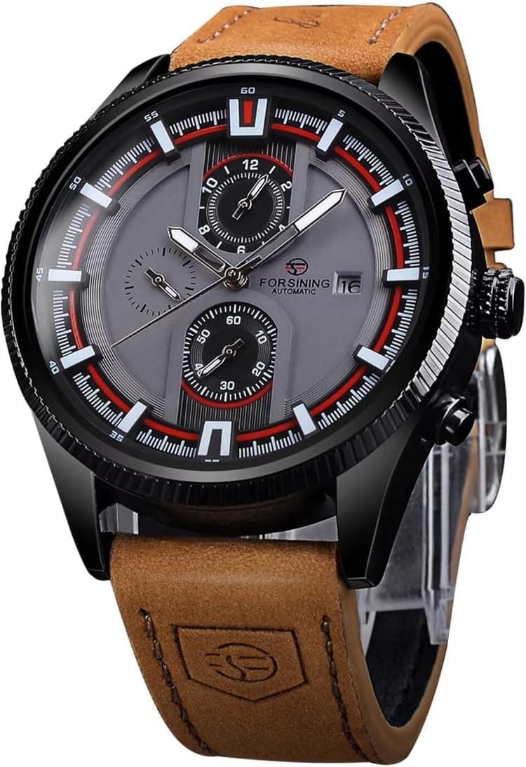 Montre-bracelet mécanique pour homme avec bracelet en cuir véritable - Montre militaire automatique - Affichage analogique de la date - Montre décontractée pour homme - Étanche