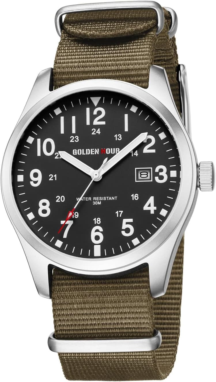 GOLDEN HOUR Montre à Bracelet en Nylon pour Homme avec Heure Militaire Cadran Facile à Lire Aiguilles Lumineuses Affichage 12/24 Heures Montres numériques de Sport étanches