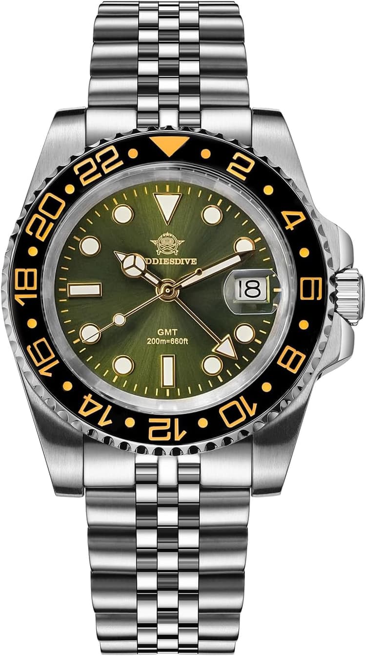 ADDIESDIVE Montre analogique pour Homme Montre GMT pour Homme Montre de plongée 40 mm Montre à Quartz résistant à 200 m d'eau 515-24H avec Bracelet en Acier Inoxydable AD2050