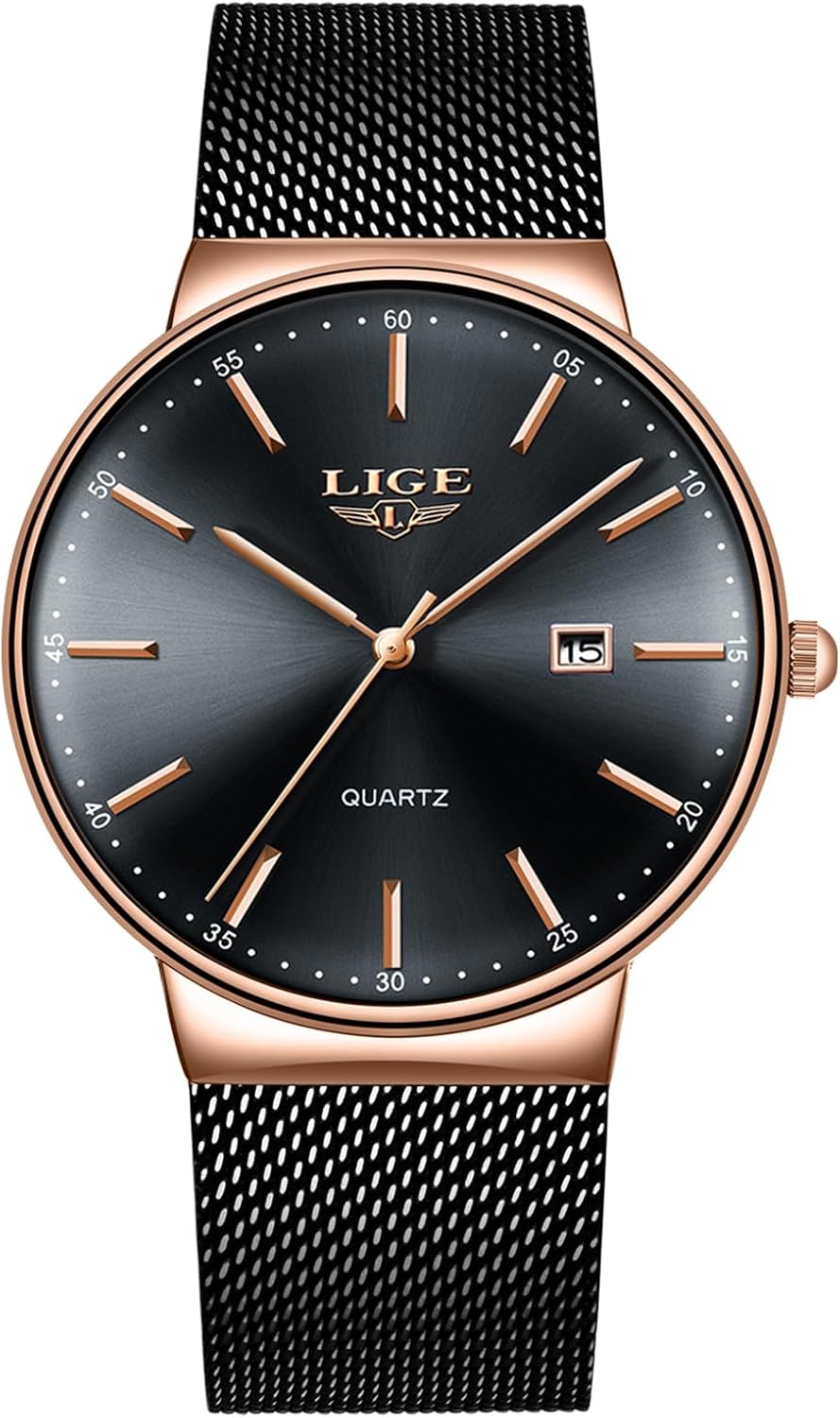 LIGE Montre Homme, Montres Bracelet Analogique Quartz, Bracelet en Acier Inoxydable étanche, Fonction Calendrier, Design Minimaliste Léger, Business Mode Casual Match