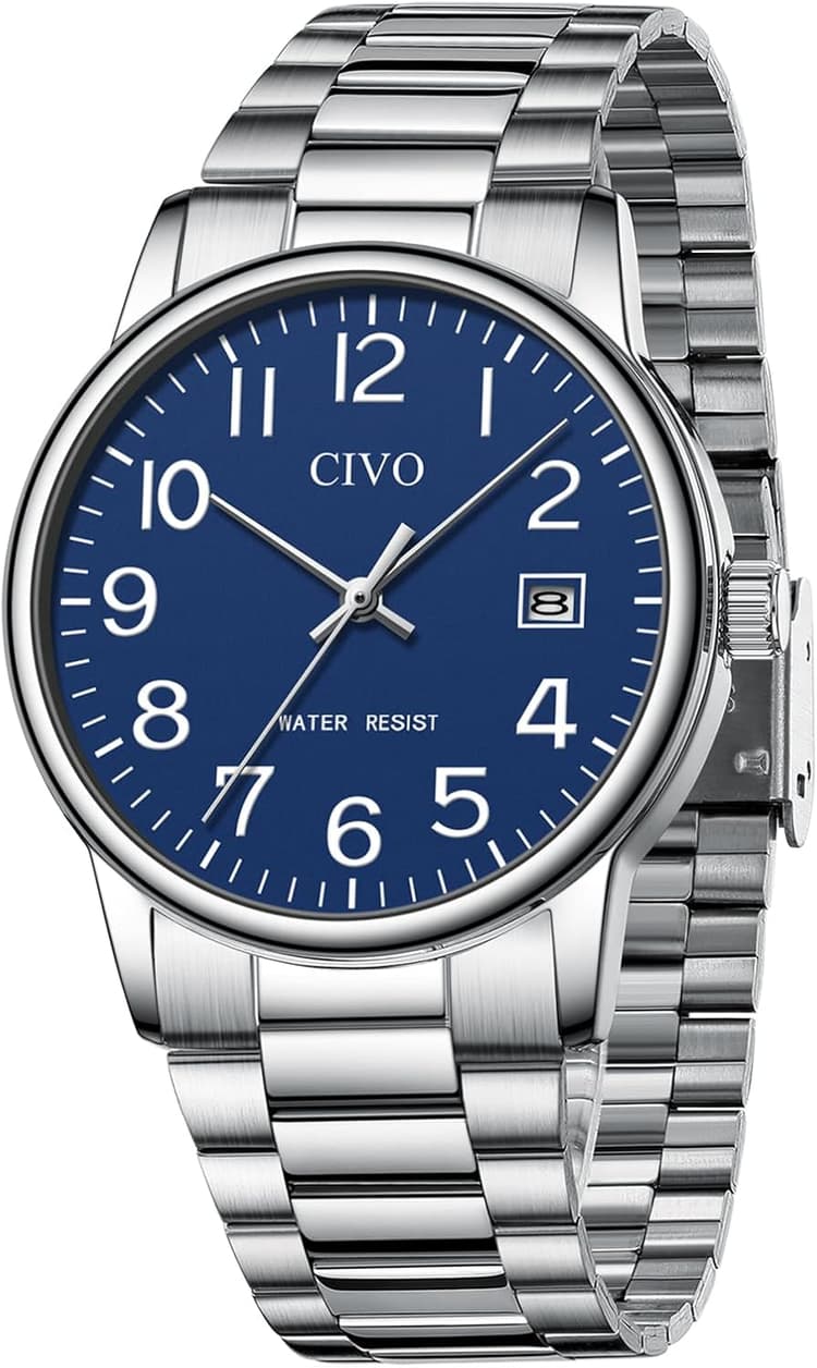 CIVO Argent Montre Homme Acier Inoxydable Montre Analogique Montre Bracelet Quartz Etanche Montre Date Classique Vintage Cadeau