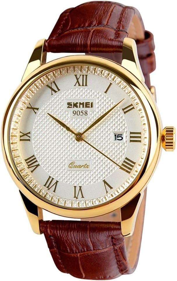 Skmei Business pour homme montres à quartz avec chiffres romains Bande de cuir décontractée résistance aux éclaboussures d'eau analogique montres