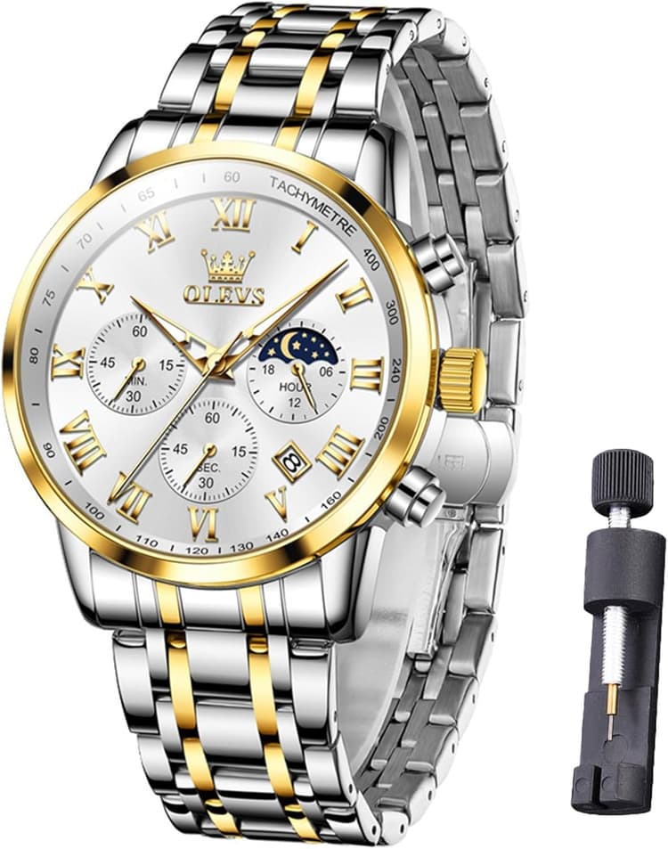Montre pour Homme Chronographe Phase Lunaire Etanche Lumineuse Elégante Montre Homme Disponible en Blanc Noir Bleu avec Bracelet en Acier Inoxydable ou en Cuir