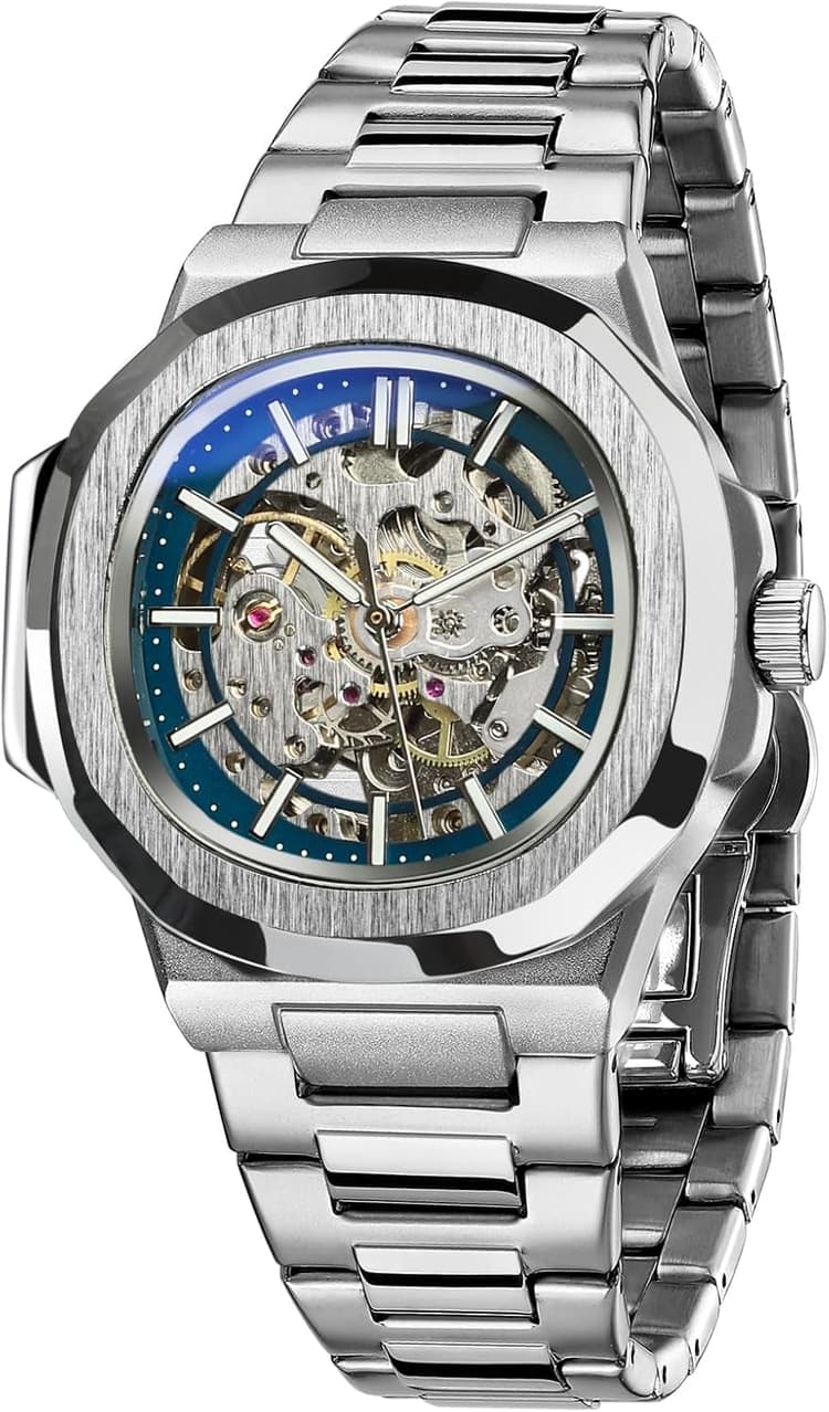 FORSINING Montre Squelette mécanique pour Homme avec Cadran Ovale en Acier Inoxydable Transparent