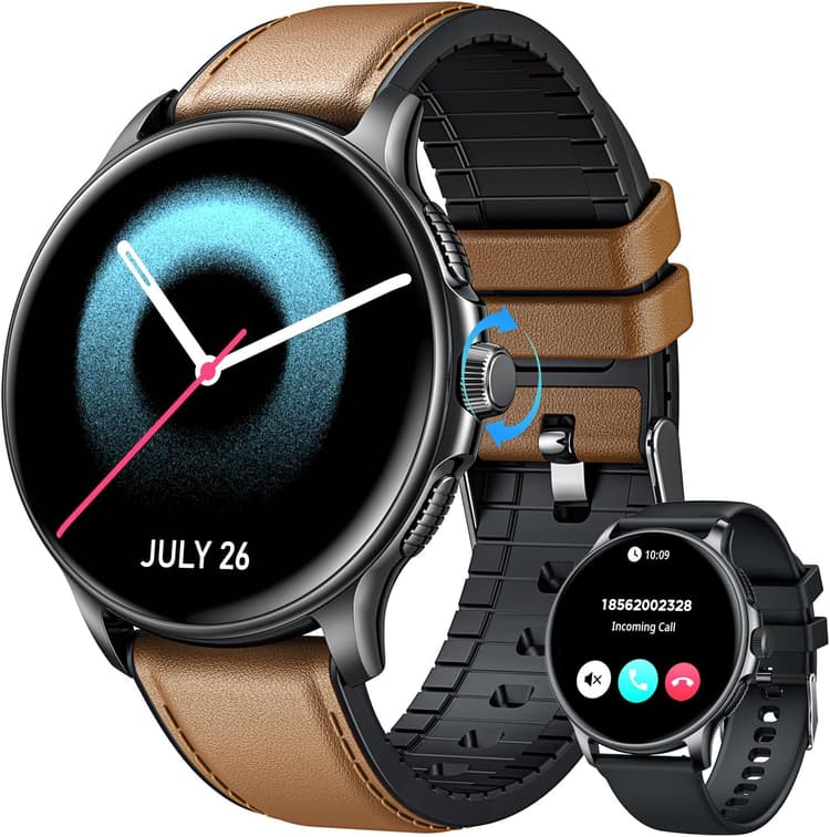 Montre Connectée Homme Smartwatch Sport: Repondre Appel 1.43" AMOLED Tactile Étanche Écran Bracelet Connectee avec Moniteur de Sommeil Fréquence Cardiaque Fitness Tracker pour Android et iOS (cuir)