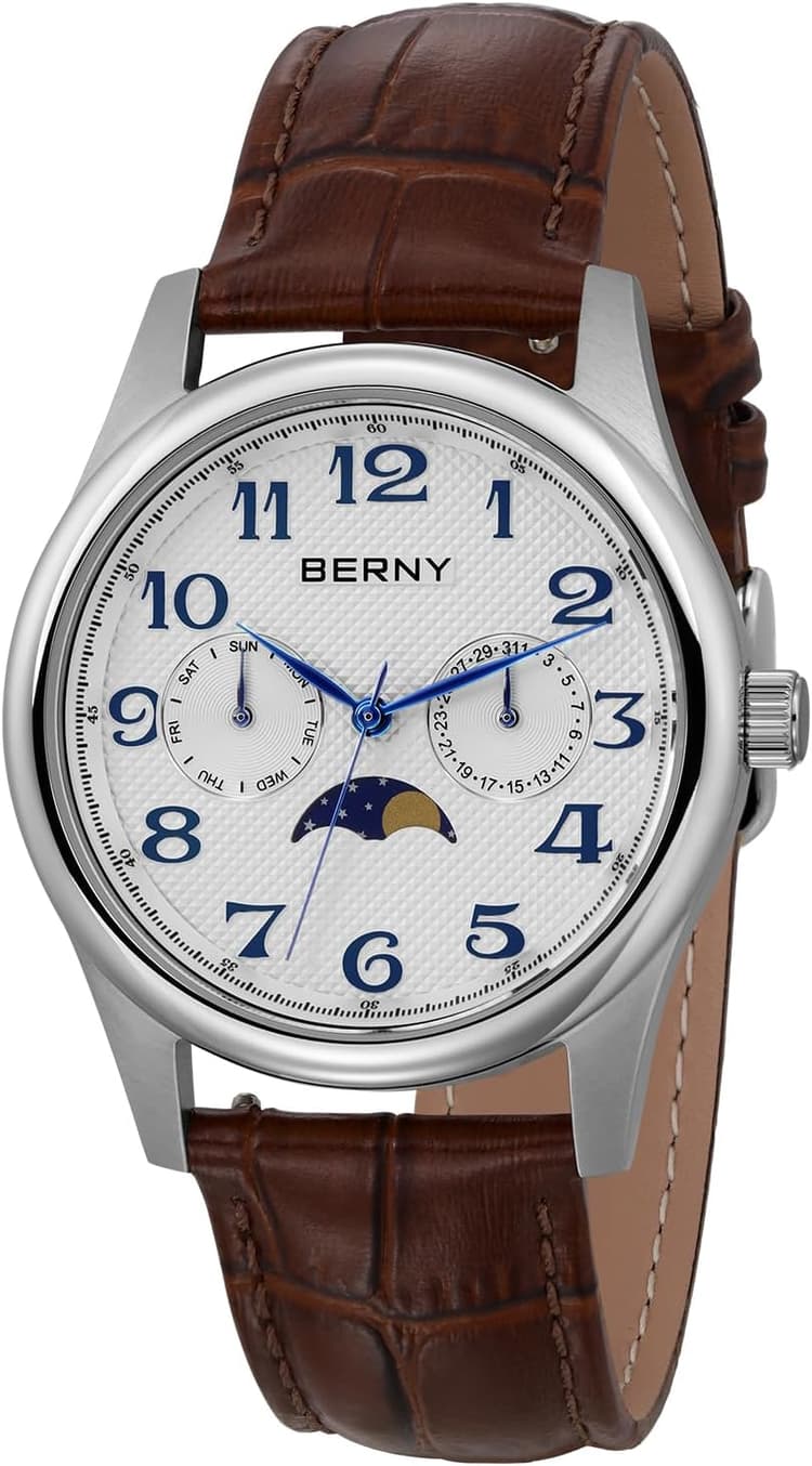 BERNY Montre à Quartz pour Hommes Montre à Phase de Lune Montre à Ouverture Jour Date Montre-Bracelet Cadran à Chiffres Arabes Facile à Lire Montre Analogique Montre Décontractée étanche