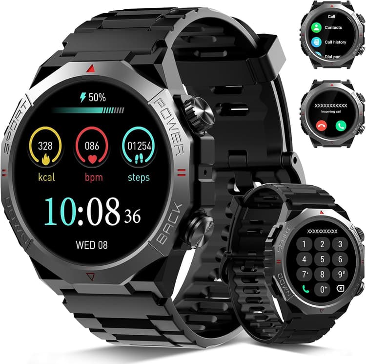 Montre Connectée Homme, 1.39" HD Militaire Smartwatch avec Appel Bluetooth, Smart Watch Homme avec 110+ Modes Sportifs/Cardiofrequencemetre/Sommeil, Etanche IP68 Montre Intelligente pour Android iOS