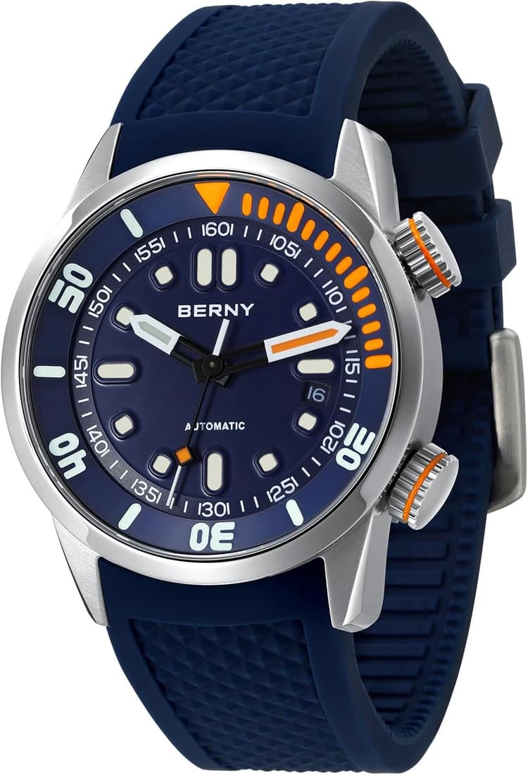 BERNY Montre De Plongée pour Hommes 20ATM Mouvement Automatique, Montre-Bracelet en Verre Saphir, Bracelet en Silicone Confortable, Super Lumineuse
