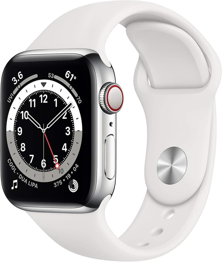 Apple Watch Series 6 (GPS + Cellulaire, 40MM) Boîtier en Acier Inoxydable Argent avec Bracelet Sport Blanc (Reconditionné)