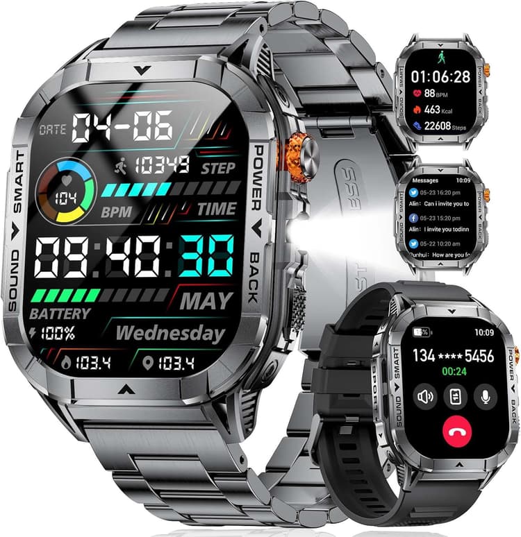 SUNKTA EF17 Montre Connectée Homme avec LED Lampe, 2.13'' Amoled Display Smartwatch, Appel Bluetooth/Podometre/Sommeil/100+ Sportifs/IP68 Montre Homme Etanche pour Android iOS, 2 Bracelets