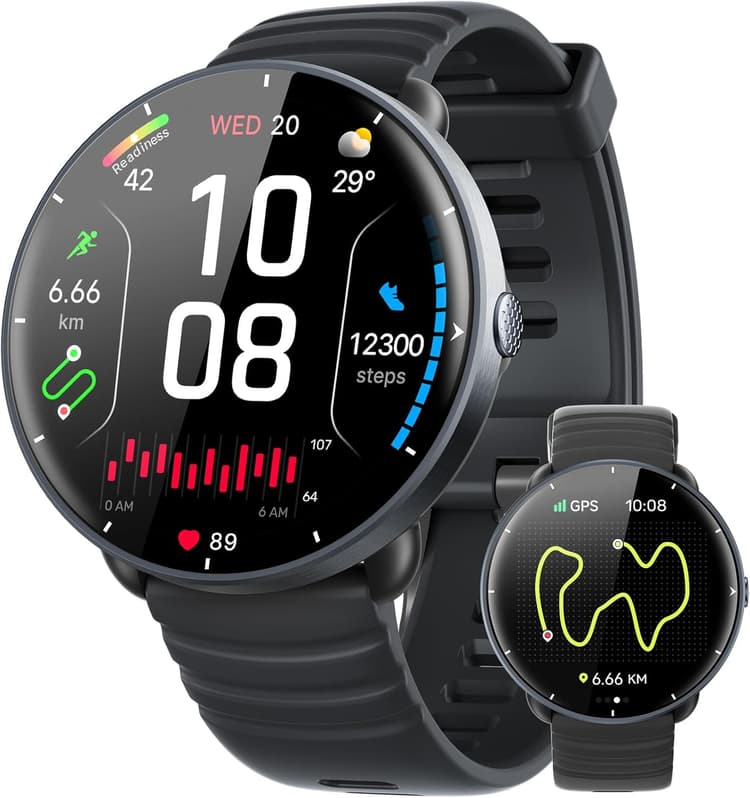 Parsonver Montre Connectée avec GPS Intégré, 5ATM Étanche Smartwatch Natation pour Piscine/Eau Libre, Montre Connecté avec AMOLED Écran, 100+ Sports,Fréquence Cardiaque,Sommeil (Noir, 42 mm)