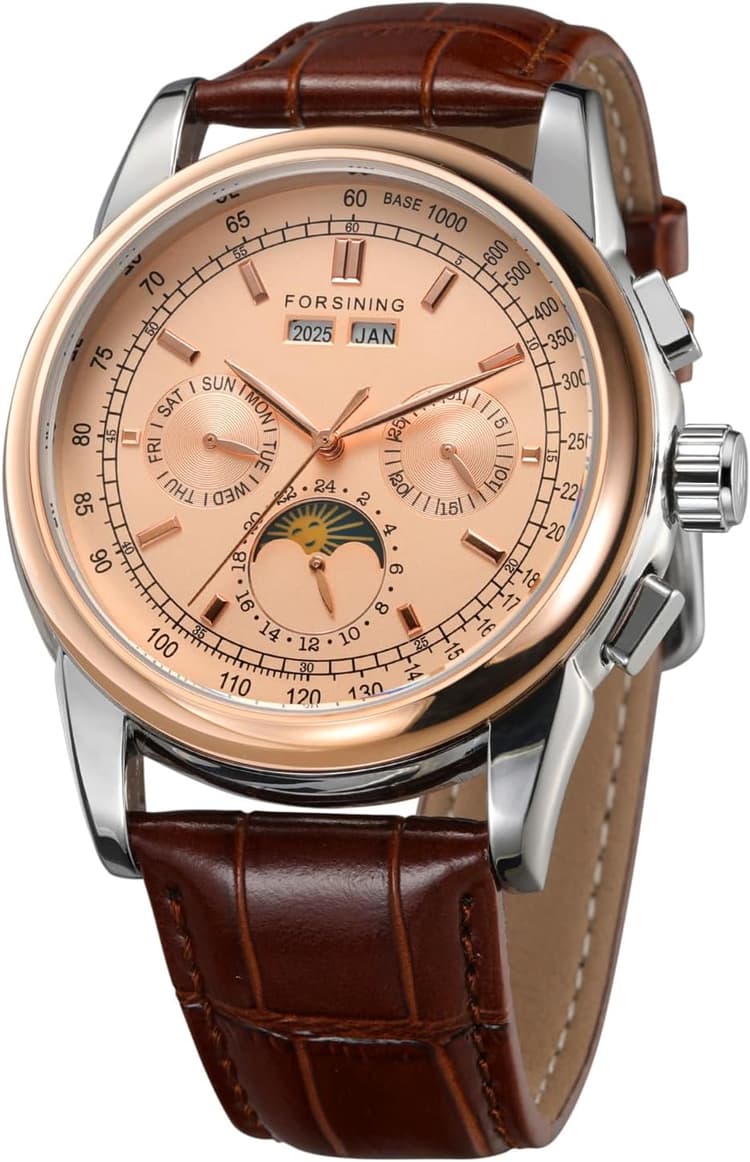 Forsining FSG319M3T2 Montre pour homme automatique avec phases de lune et bracelet en cuir
