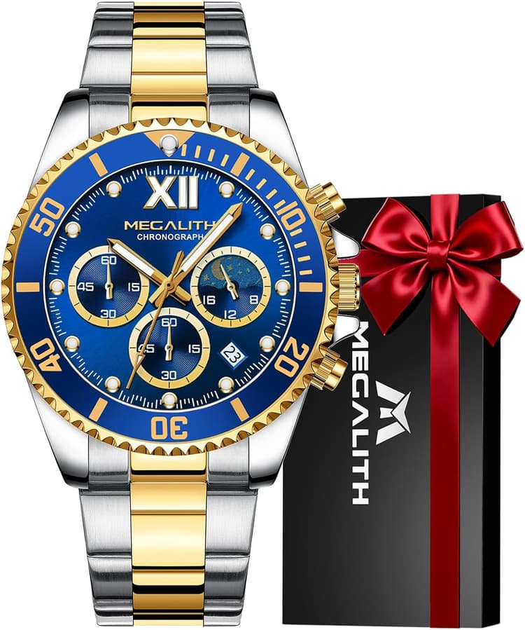 MEGALITH Montre Homme Acier Chronographe Quartz Grand Cadran Montres Bracelets Etanche Lumineuses Date - Cadeaux pour Hommes
