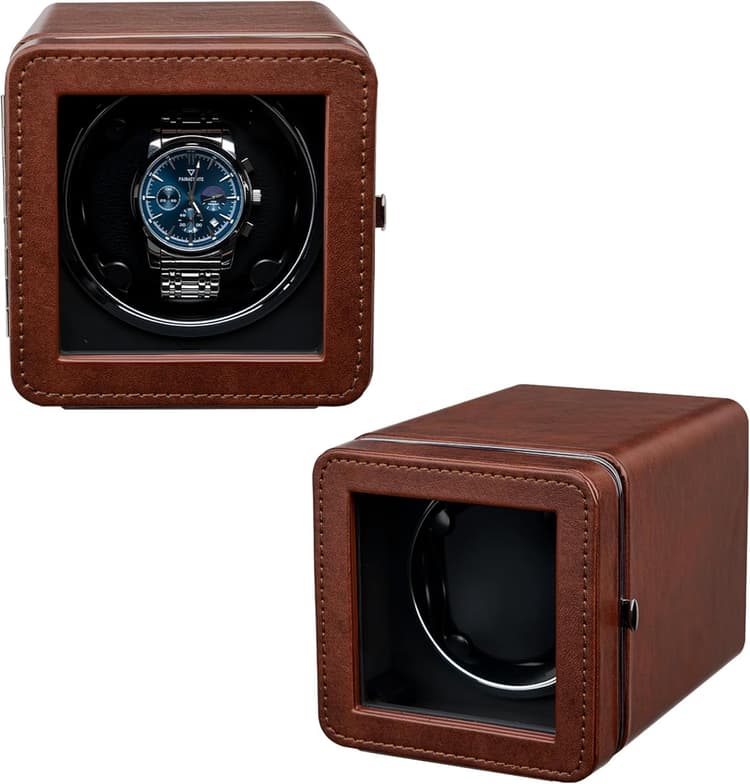 Mcbazel Remontoir 1 Montre Automatique - Moteur Ultra Silencieux avec Lumière LED, 4 Modes de Rotation, Boîte en Cuir PU, Affichage à 90° pour Montres Automatiques/Alimenté par USB – Marron