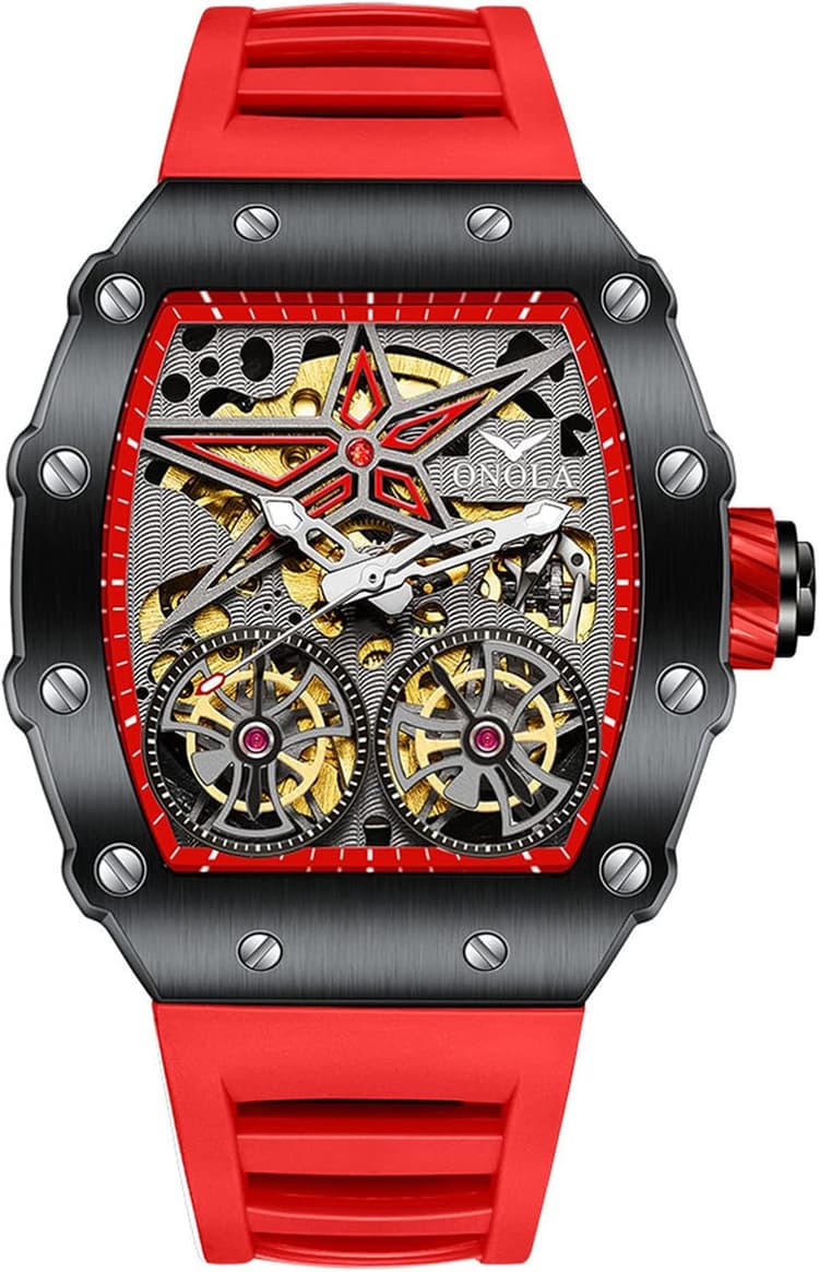 FORSINING Montre pour homme en forme de tonneau squelette mécanique automatique grand cadran tendance Business Dress Montres bracelet en silicone