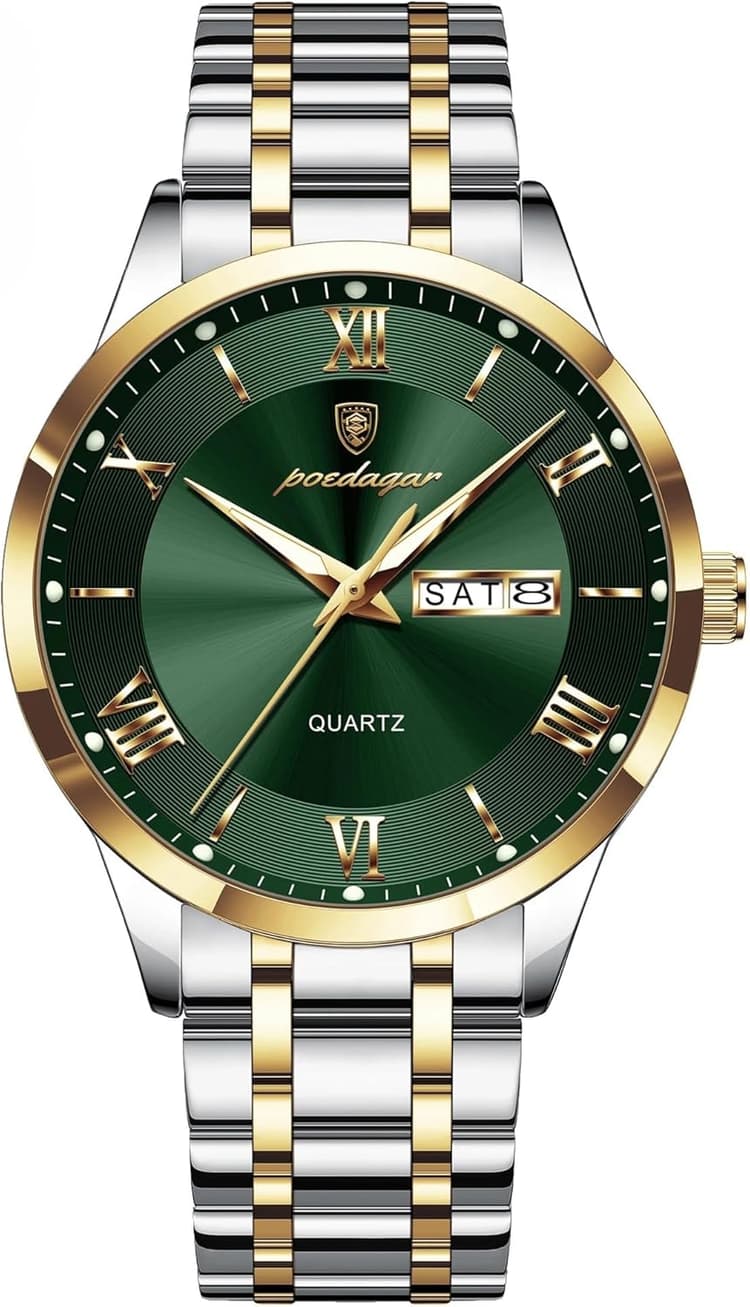 Poedagar Montre à quartz de luxe pour homme, étanche, lumineuse, date, semaine, sport, en acier inoxydable