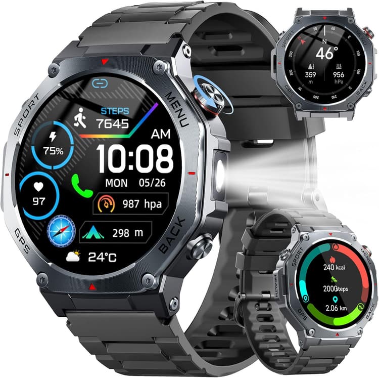 Montre Connectée Homme Femme GPS, 1.43" AMOLED Smartwatch Fréquence Cardiaque Sommeil SpO2 Podometre, Montre Sport avec 160+ Modes, Appel Bluetooth, 5ATM Étanche, Torche LED, Compass Android iOS Noir