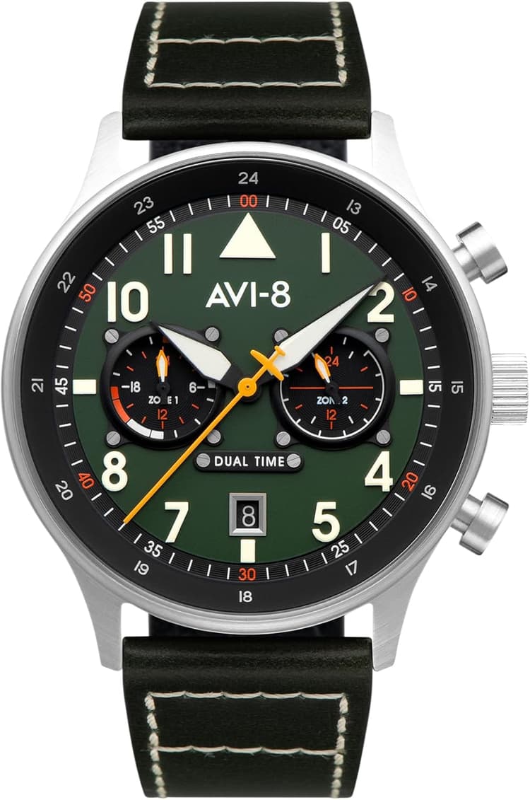 AVI-8 pour Homme 43,5 mm Hawker Hurricane Carey Montre Pilote à Quartz Japonais à Double Fuseau horaire avec Bracelet en Cuir ou en Acier Inoxydable AV-4088