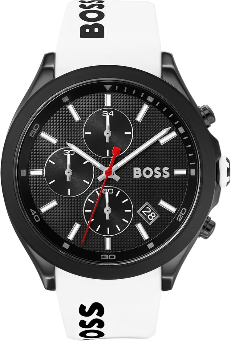 BOSS Montre Chronographe Quartz Homme 44 mm Collection VELOCITY avec Bracelet en Silicone, Fonction Date, 3 Sous-Cadrans, Résistance à l'Eau 5ATM