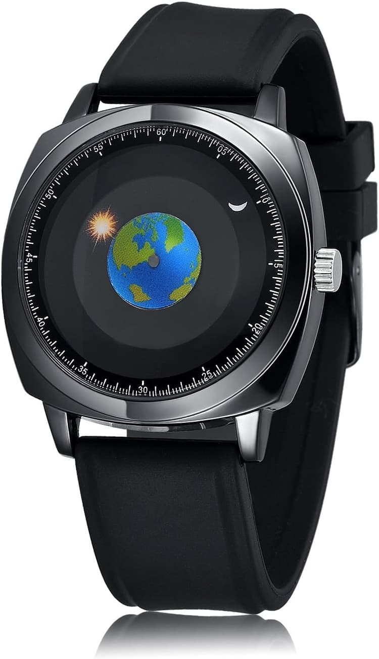 MINILUJIA Montre étanche à 50 m pour homme avec carte du monde - Univers étoilé créatif - Terre Globe Lune Soleil - Rotatif - Attrayant - Personnalisé
