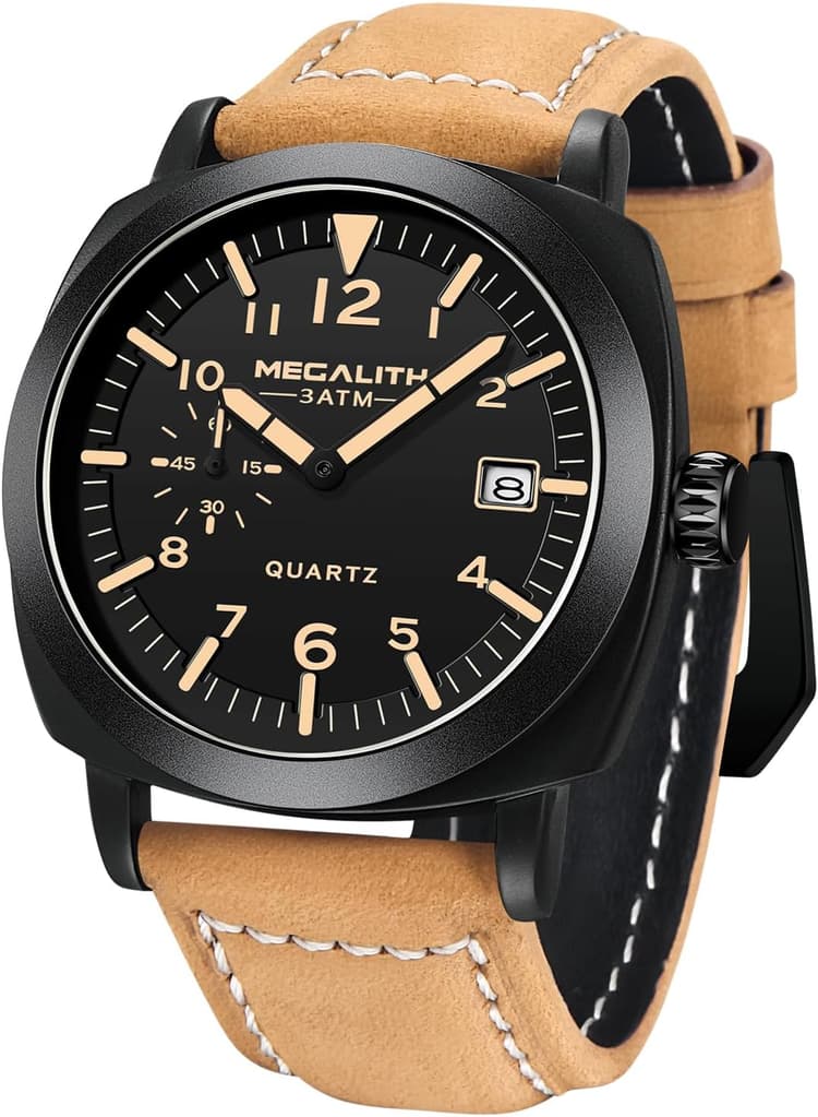 MEGALITH Montre Homme Militaires Cuir Nylon Montres pour Hommes Imperméable Date Montre Travail Terrain à Quartz Analogique Sport Boîte