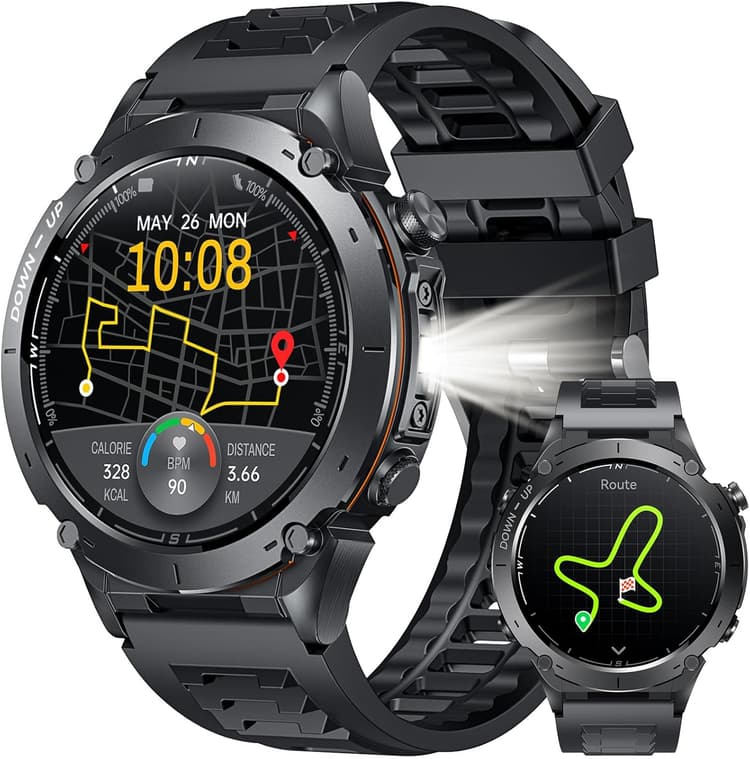 GPS Montre Connectée Homme Smartwatch: 1.43" AMOLED Montre Intelligente avec Boussole Baromètre Bluetooth Appel Moniteur Sommeil 3 ATM Étanchéité 100+ Modes Sport 720mAh Batterie pour iOS et Android