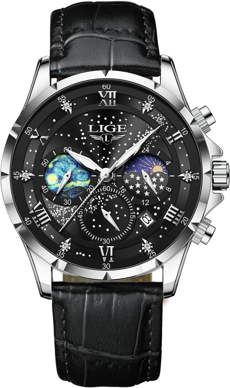 LIGE Montres Hommes Montre Chronographe Étanche à Quartz Phase De Lune en Noir Cuir Montre d'affaires Décontractée pour Hommes avec Affichage De La Date Lumineuse,Noir Argenté