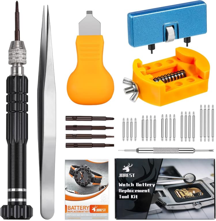 JOREST Kit Changement Pile Montre, Kit Outil Montre, Tournevis Reparation Horloger, Remplacement Pile, Ouvre Boitier Montre, Montre Demontage, Support de boîtier de montre, Barre à ressort, Brucelles