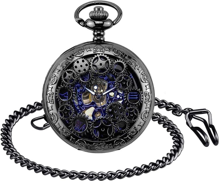 Unendlich U Montre de Poche mécanique Homme, Montre de Poche Vintage, Steampunk Gears Séries Squelette Cadran en Chiffres Romains, Boîtier d'acier Inoxydable Noir, pour Homme Femme