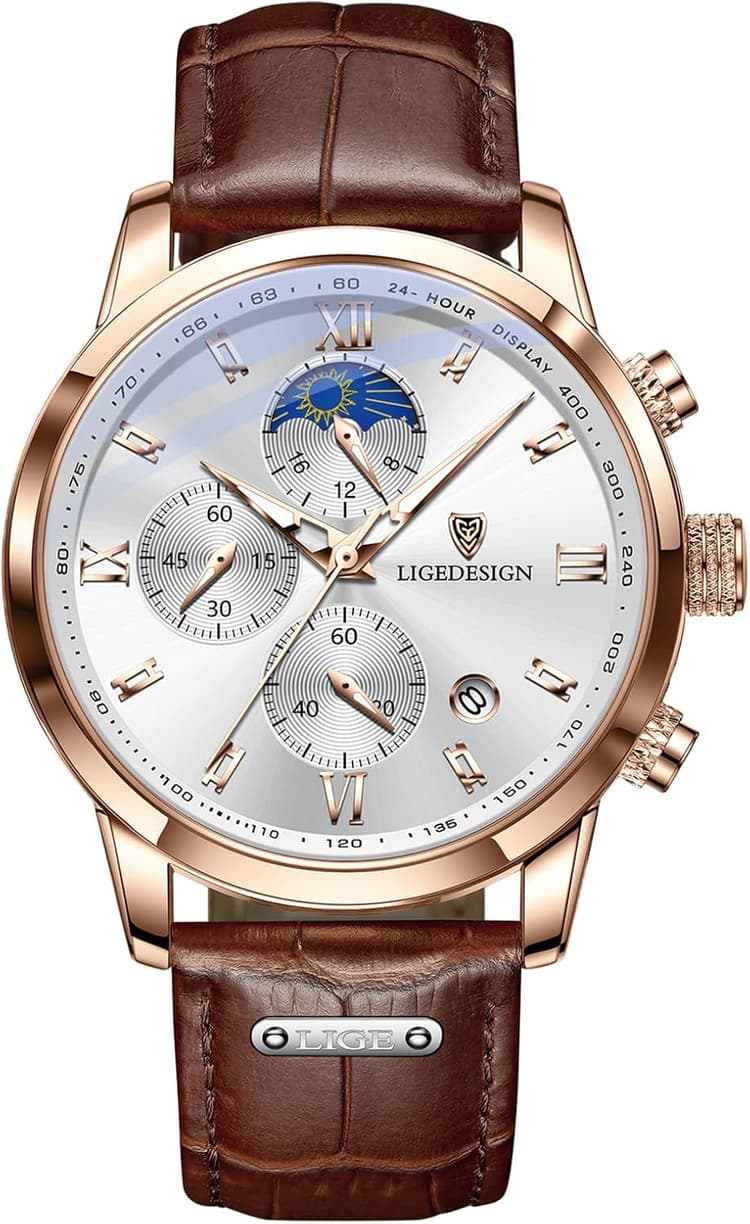 LIGE Montre Homme Etanche Cuir Montres Hommes Rétro Élégante Analogique à Quartz Chronographe Date Phase de Lune Aiguilles Luminescentes Vintage Waterproof Mens Watches,Or et Noir