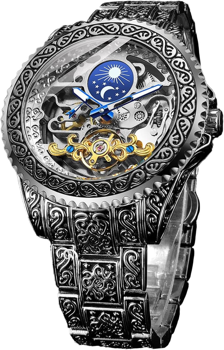 FORSINING Montre rétro pour homme sculptée à remontage automatique - Tourbillon - Phase de lune - Secondes indépendantes - Squelette automatique - Grand cadran
