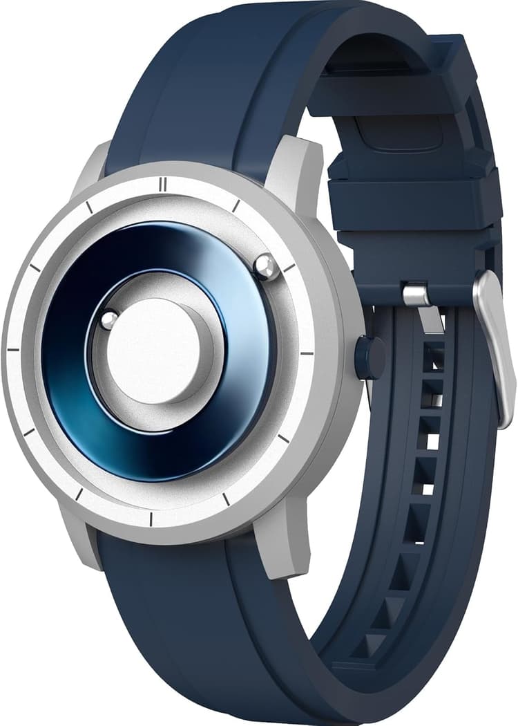 EUTOUR Montres Hommes avec Boules Magnétiques, Cadran Miroir 40MM, Boîtier Argenté, Étanche à 5ATM, Cadeau Unique, Montre Analogique à Quartz avec Bracelet en Silicone