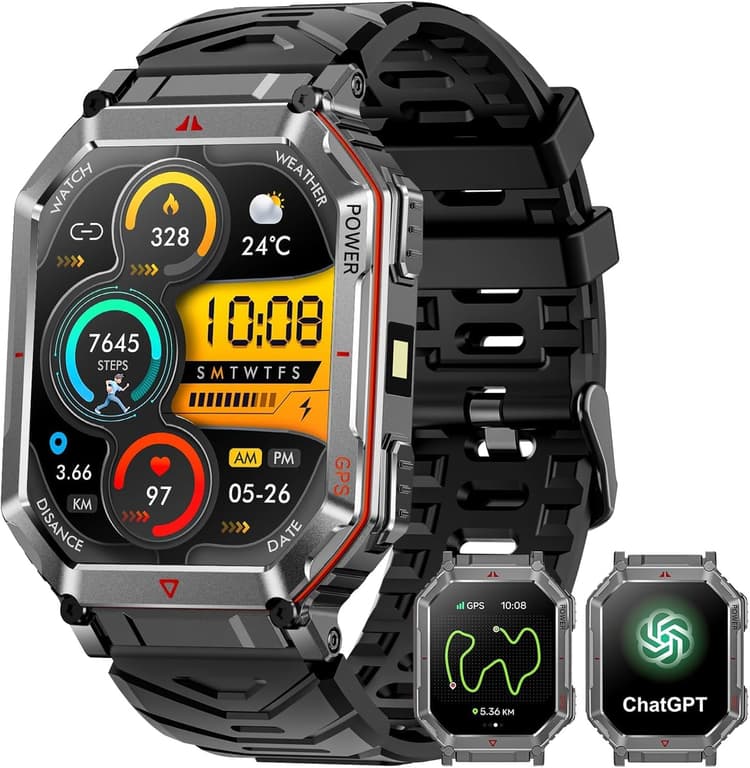 Montre Intelligente Militaire pour Hommes avec GPS/Boussole, Assistant Vocal GPT, Montre avec Lampe de Poche LED, Affichage HD 2,01 "Appel Bluetooth, Compatible avec Android et iOS (Noir)