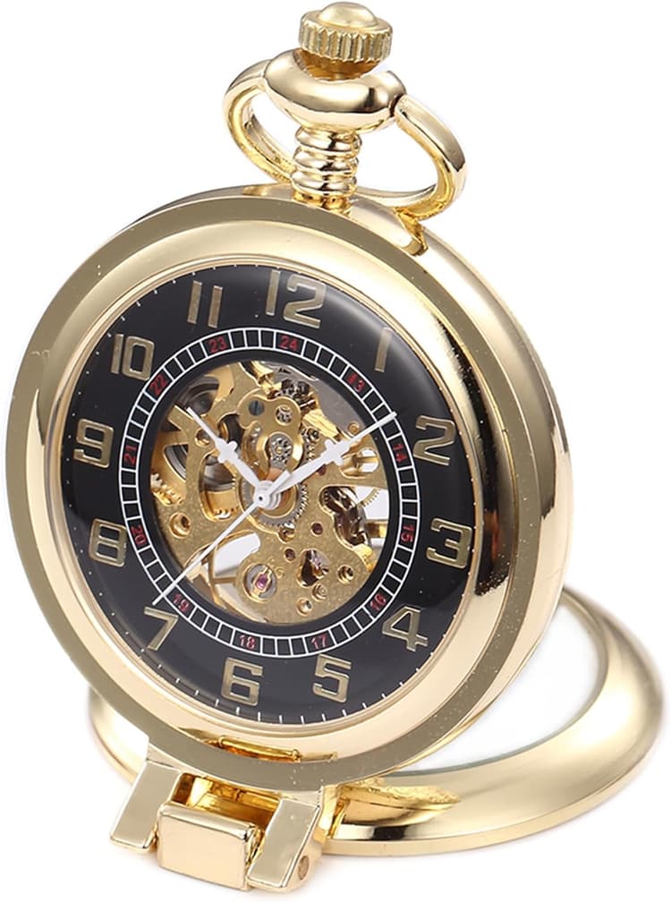 Montre de Poche Mécanique pour homme femme, Unique Angle Droit Remontage Manuel Montre de Poche Mécanique Noir Chiffres Arabes en Acier Pendentif Collier d'or