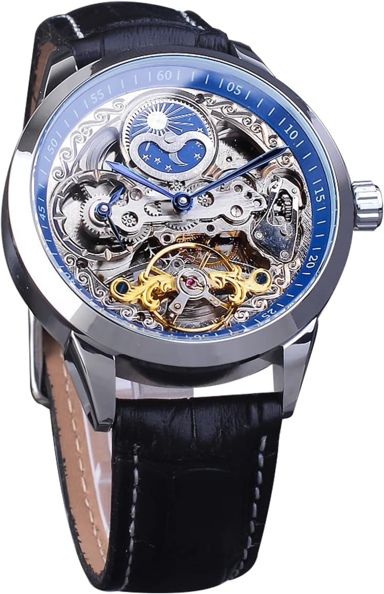 FORSINING Montre pour homme Tourbillon Phase de lune automatique Montre-bracelet en cuir Mode Business Squelette Montres de luxe à remontage manuel