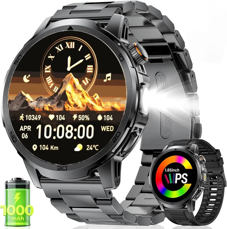 FEELNEVER Montre Connectée Homme avec 1000mAh/1,85'' HD Grand Écran/LED Lampe,Smartwatch Homme avec Moniteur de Fréquence Cardiaque et Sommeil/110+ Modes Sportifs,IP68 Étanche Android iOS, Noir