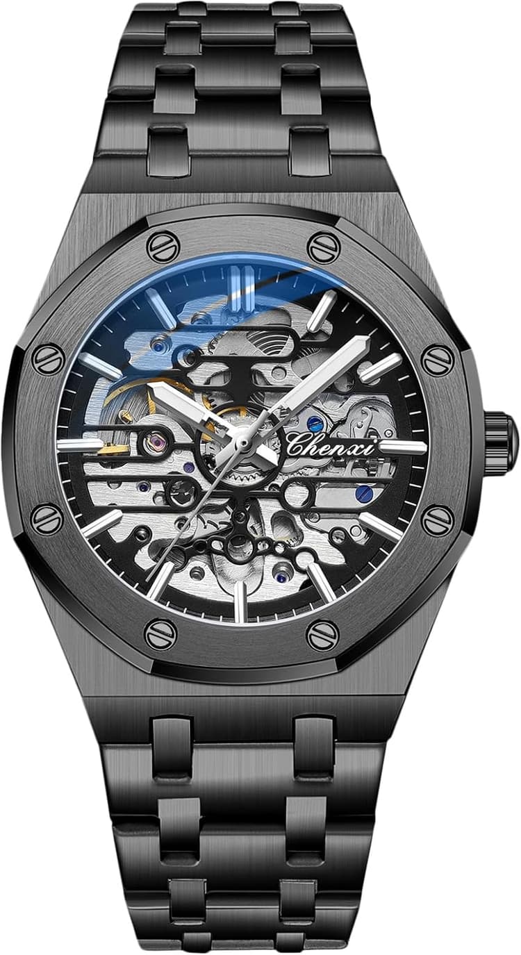 RORIOS Montre Homme Mécanique Automatique Lumineuse Avec Bracelet en Acier Inoxydable - Décontractée Squelette