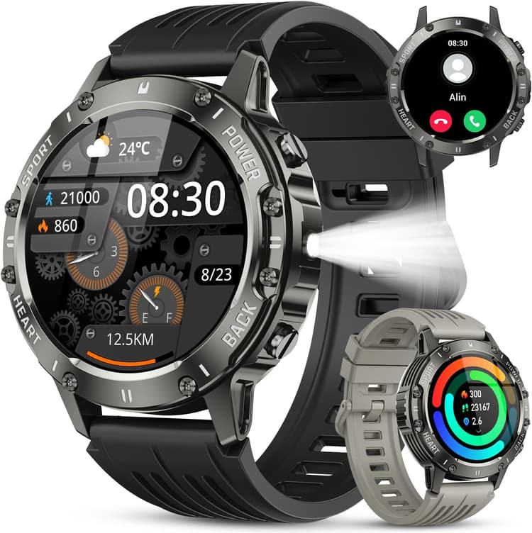 Montre Connectée Homme Smartwatch: 120+ Modes Sport Militaire Fitness Smart Watch avec Appel Bluetooth Fréquence Cardiaque Spo2 Sommeil Moniteur Etanche Montre Intelligente Podomètre pour Android iOS