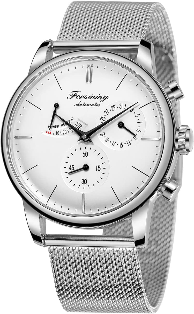 Montre pour Homme Analogique Automatique Mécanique avec Indicateur de Réserve de Marche Mouvement Seagull et Bracelet en Acier Inoxydable