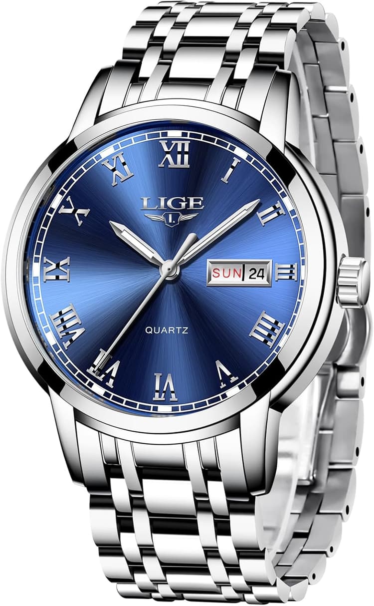 LIGE Montre Homme, Montres Bracelet Analogique à Quartz, Acier Inoxydable Etanche 3ATM, Fonction Calendrier, Aiguilles Lumineuses Affichage, Mode Assortissement Business Décontracté