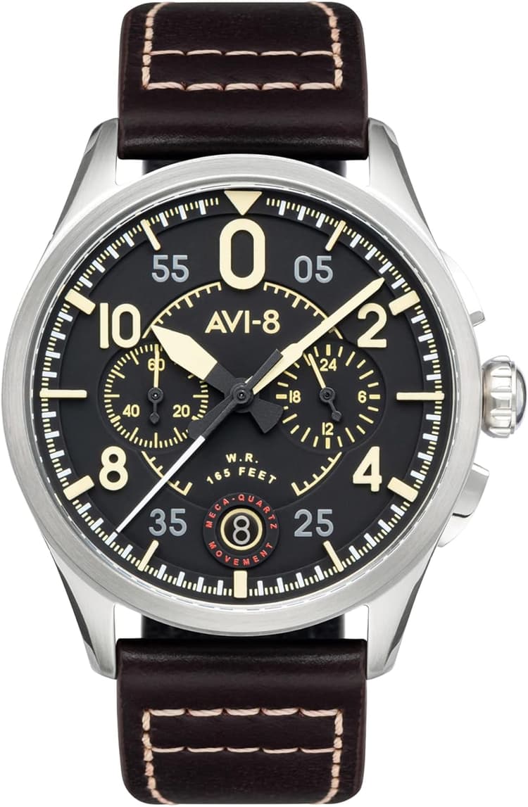 AVI-8 pour Homme 42 mm Spitfire Lock chronographe à Quartz Japonais Montre Pilote avec Bracelet en Cuir AV-4089