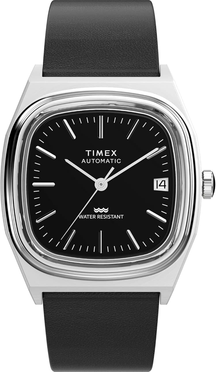 Timex Montre automatique 1983 E Line avec bracelet en cuir noir, cadran noir, 34 mm TW2Y07500, noir, Robe